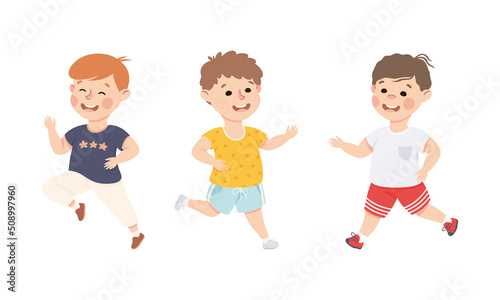 Excited Little Boy Jumping with Joy Expressing Happiness Vector Set