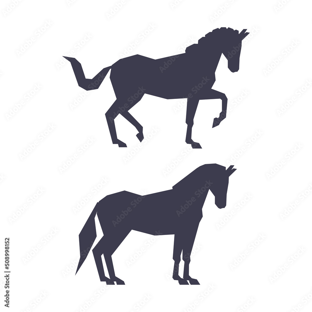 Horse or Equine Black Silhouette as Domesticated, Odd-toed, Hoofed Mammal Vector Set