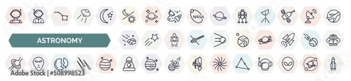 set of astronomy icons in outline style. thin line icons such as astronaut user, day and night, space lander, aerolite, earth and moon, quasar, destroyed planet, space capsule, triangulam australe,