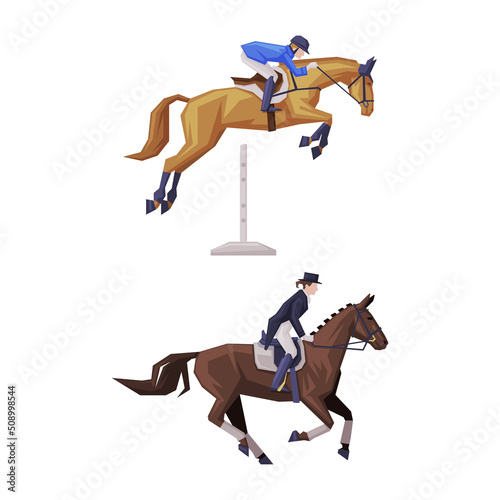 Man Riding Horse Sitting on Horseback in Saddle Vector Set © topvectors