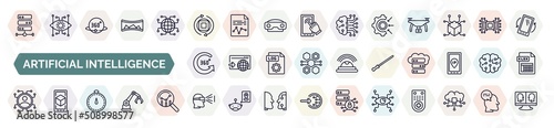 set of artificial intelligence icons in outline style. thin line icons such as big data, rotation, goals, 360 degree, ar wand, users, velocity, view, eye tap icon.