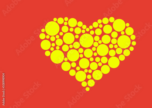 The image of a heart formed with yellow round shapes on a red background