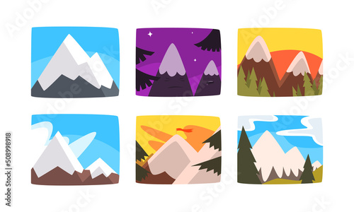 Mountain Peak and Summit Picture View with Sky and Trees Vector Set