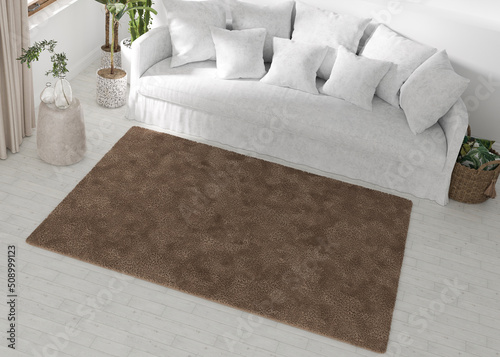 Mock up for carpet. Interior in minimalist, contemporary style. Top view. Space for your carpet or rug design. Modern template. 3D rendering.