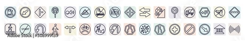 set of traffic signs icons in outline style. thin line icons such as gasoline, side road, no camping, two ways, no trucks, no straight, pedestrian, road work, hospital icon.