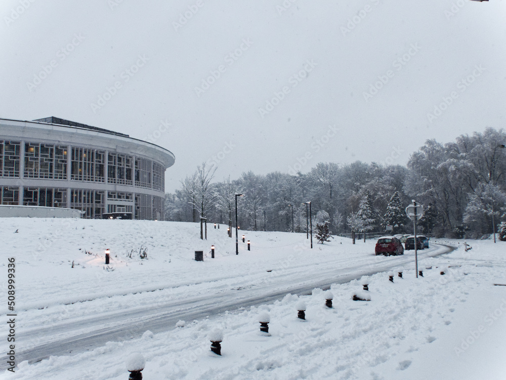 Lille, France - January 2020: Lille under the snow - Campus of the Cité Scientifique (Villeneuve d'Ascq) sector