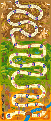 City, river and mountains top view landscape  aerial map. Forest World Mobile Game User interface GUI map screen. Forest game elements. Game path 
