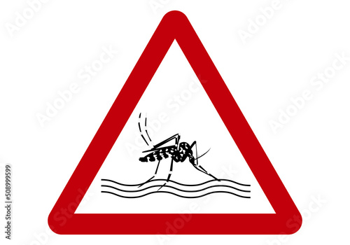 Peligro mosquito tigre. Señal de peligro con la silueta del mosquito tigre sobre el agua