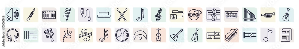 set of music and media icons in outline style. thin line icons such as ...