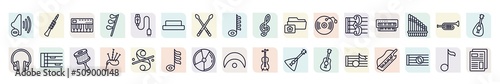 set of music and media icons in outline style. thin line icons such as low volume speaker, music keyboard, half rest, image archive, organ, whole rest, bagpipes, dvd disc, crotchet icon.