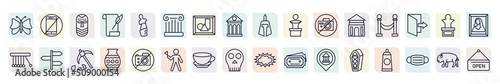 set of museum icons in outline style. thin line icons such as butterfly, african mask, antique column, sculpture, museum fencing, , porcelain, cafe, sarcophagus icon.