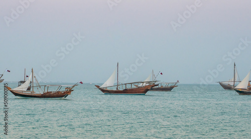 Traditional Dhow boats in Dhow festival, Doha Qatar. Selective focus