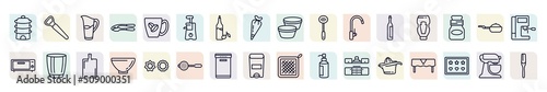 set of kitchen icons in outline style. thin line icons such as steamer, pitcher, juicer, skimmer, sauces, glass, soup bowl, dishwasher, squeezer icon.