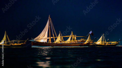 Traditional boats called Dhow in doha, qatar. Selective focus