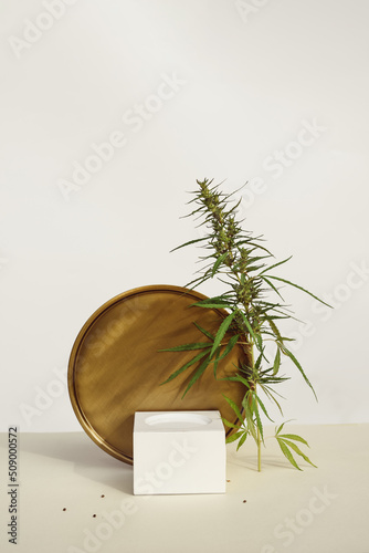 Podium scene for CBD oil product with geometric platform and circle with marijuana leaves.