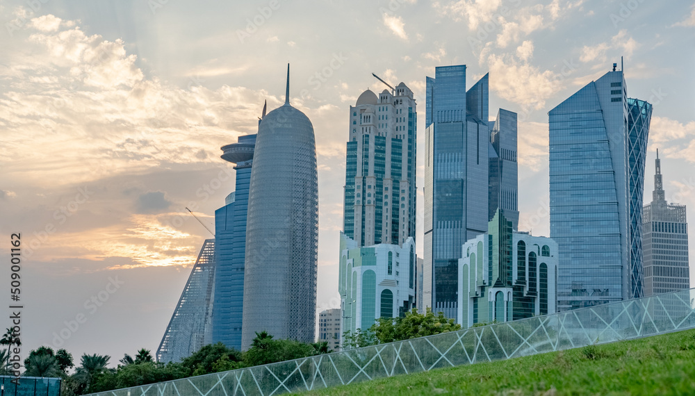 Qatar capital city Doha skyline with high rise buildings. selective focus Qatar capital city Doha skyline with high rise buildings. selective focus