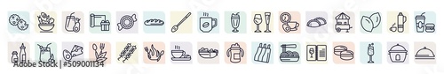 set of food icons in outline style. thin line icons such as biscuits, healthy shakes, french bread, alcoholic drinks, snack booth, fresh smoothie, organic food, warm cup and plate, drinks menu,