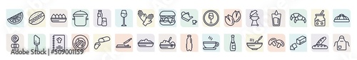 set of food icons in outline style. thin line icons such as lemon slice, fried tofu curd balls, cup of wine, drinking zone, water glass, bitten ice cream, wonton noodles, risotto, stew icon.