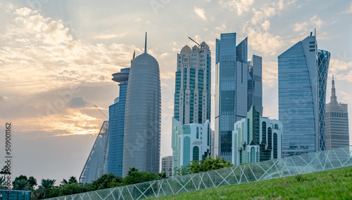Fotografie Qatar capital city Doha skyline with high rise buildings