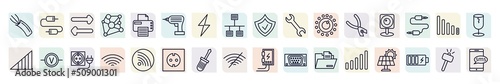 set of electrian connections icons in outline style. thin line icons such as wire, switch, driller, wrench, web camera, voltmeter, , screwdriver, full icon.