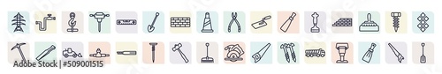 set of construction tools icons in outline style. thin line icons such as electric tower, hook with cargo, spade tool, trowel, brick wall, wedge tool, plumbing pipes, sledge hammer, dumper