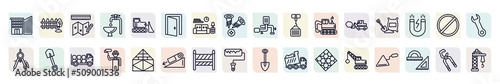 set of construction icons in outline style. thin line icons such as big building, measures plan, doors open, derrick with load, cement, short shovel, man painting, road barrier, derrick with ball,