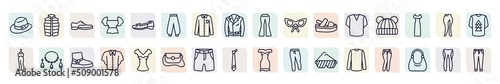 set of clothes icons in outline style. thin line icons such as men hat, leather derby shoe, harem pants, cat eye glasses, knit hat with pom pom, jewelry, denim shirt, chino shorts, long sleeves t