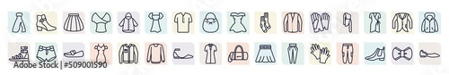 set of clothes collection. icons in outline style. thin line icons such as long bandeau dress, tulle skirt, chiffon dress, men socks, one shoulder dress, denim shorts, drees, flat shoes, wool