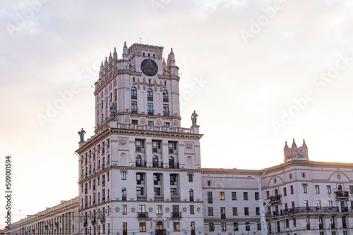 Minsk, Belarus. Two towers of buildings symbolizing the gates of Minsk, station square. The intersection of Kirov and Bobruisk streets. Soviet heritage