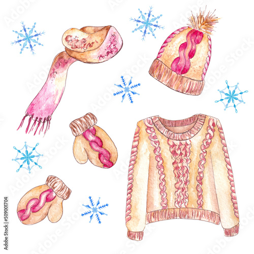 Hand drawn watercolor set of winter knitted clothing. Brown woolen suit