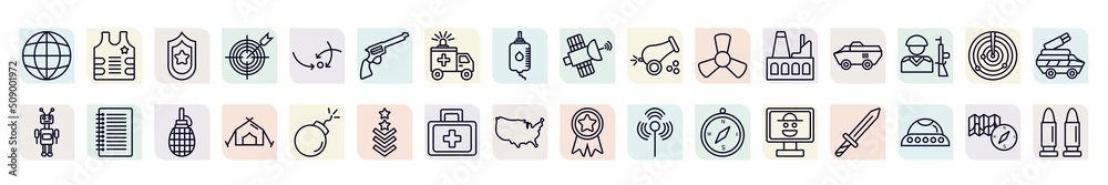set of army icons in outline style. thin line icons such as planet grid ...