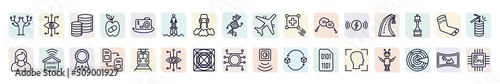set of artificial intellegence icons in outline style. thin line icons such as technology tree, database, flyboard, match moving, motorway, smart home, memory transfer, ai grid, face recognition,