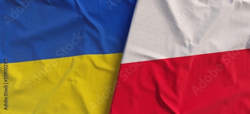 Flags of Ukraine and Poland. Linen flags close up. Ukrainian flag. Polish, Warsaw. State symbol. 3d illustration.