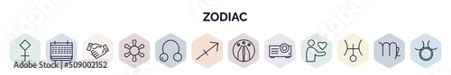 set of zodiac web icons in outline style. thin line icons such as sulphur, year, commitment, gods shield, coagulation, sagittarius, hope, projection, uranus icon.