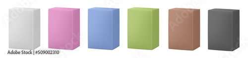 Blank cardboard package boxes mockup. Box set. White, green, blue, pink, black and brown packs