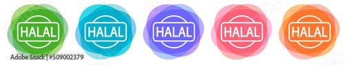 Set of Halal food products label, badge or logo. Vector Halal sign certificate tag. Round icon. Sticker design