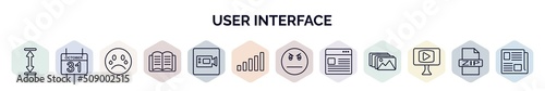 set of user interface web icons in outline style. thin line icons such as height, octuber 31, crying smile, book opened at center, facetime, level, angry smile, images interface, video in browser,