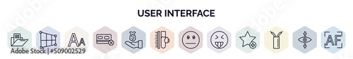 set of user interface web icons in outline style. thin line icons such as data folder, crop perspective, fonts, credit card crossed, earn money, ink level, sceptic smile, insolent, wiring