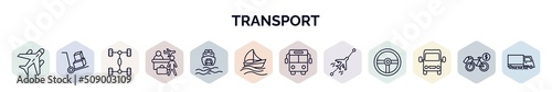 set of transport web icons in outline style. thin line icons such as air transport, cart with boxes, chassis, airport checking, ferry carrying cars, sailing, public transport, flights, van front