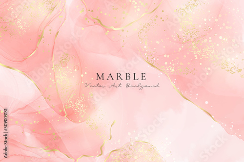 Rose pink liquid watercolor background with golden dots. Dusty blush marble alcohol ink drawing effect. Vector illustration design template for wedding invitation, menu, rsvp photo