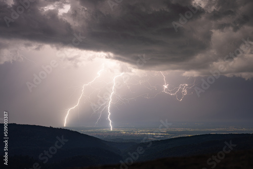 Lightning strikes during a summer thunderstorm in the northern Black Forest in the district of Rastatt