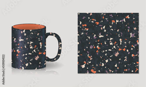 Vector seamless pattern Terrazzo. Abstract textured with small pieces of broken marble, tile, glass. Modern stone background for print, interior decor, paper, branding, web design. Cup, mug mockup