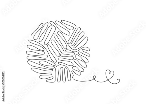 Knitting logo, icon. Hobby sign, needlework in line art style. A ball of thread, one line drawing. Threads in a skein. Vector illustration on an isolated background.