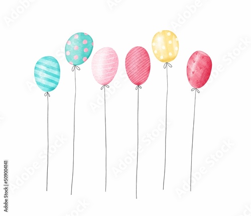 A set of watercolor colored balloons. White background. Stock illustration.