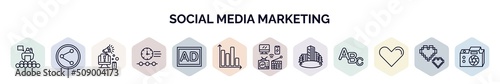 set of social media marketing web icons in outline style. thin line icons such as conference, photo share, digital marketing, timeline, ad, stadistics, mass media, flats,  icon.