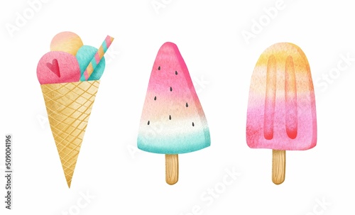 Watercolor set of ice cream and popsicle on a stick. White background. Stock illustration.