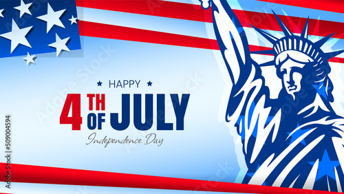 Modern 4th of July design with USA flag and statue of liberty background, banner, poster. Vector design illustration.