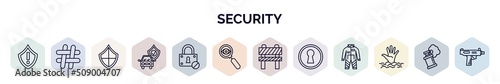 set of security web icons in outline style. thin line icons such as security warning, hash, checkered shield, safety car, blocked padlock, insight, obstacle, keyhole, drowning icon.