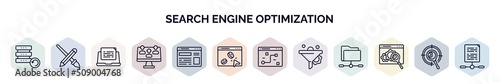 set of search engine optimization web icons in outline style. thin line icons such as backup, de, blogging, lead, site, pay per click, tactical, funnel, monitoring icon.