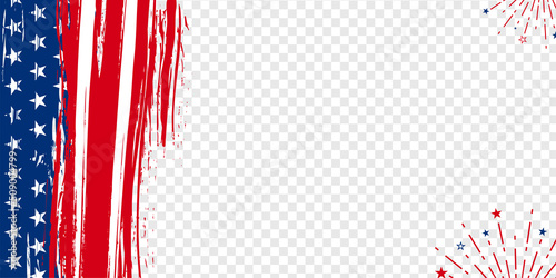 American celebration transparent banner background with grunge flag and firework. Vector illustration. 